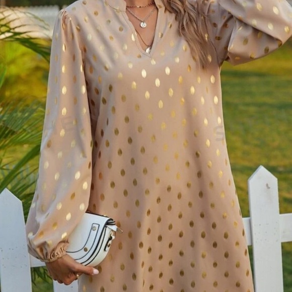 Notched Neck Gold Polka Dotted Tunic Dress Without Belt. New Without Tags - Picture 2 of 11